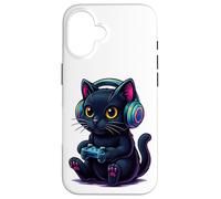 Gamer Cat Black Cute Kitten Video Games Anime Multicolore Aesthetic Coque pour iPhone 16