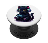 Gamer Cat Black Cute Kitten Video Games Anime Multicolore Aesthetic PopSockets PopGrip Adhésif