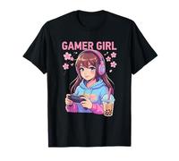 Gamer Cat Kawaii Boba Tea Japanese Blossom T-Shirt