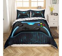 Gamer Parure de Lit 140x200cm Garçons Nid d'abeille Jeu Vidéo Parure Housse de Couette Console de Gamer Moderne Housse de Couette Gaming Décor de Chambre Géométrique 2Pcs avec 1 Taie d'oreiller