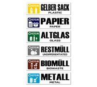 GamesMonkey® - Autocollants Collecte Séparée Recycler les Déchets - DE - v1 - Imperméable Lavable Illustré - Allemand Anglais - Vinyle Brillant DH (15x4 cm, 6 Pièces)