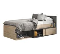 GAMI Erquy Lit enfant avec rangement - Décor Chêne Kronberg clair et Noir - 90 x 200 cm