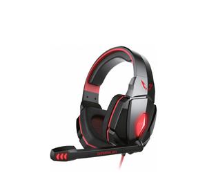 Gamium Micro Casque Gaming PC Filaire Ultra-Léger Stéréo LED Lumineux Rouge avec Micro ajustable télécommande et cable de 2,2m en nylon tressé - Connecteurs Jack 3.5mm - Noir et Rouge