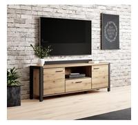 Gamme AKTIA - Mobilier Industriel Bois Naturel & Noir - Ensemble De Meubles Complet Moderne (Buffet, Meuble TV, Vitrine, Table Basse, Table Salon) (L 180 × H 65 × P 41 cm)