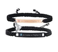 Gamtic 2PCS Bracelets Couple Amoureaux Personalisés - Bracelet Réglable en Cordon Tressé Acier Inoxydable Zircon Cristal Bracelet avec Gravure Bracelets d'Amitié (Je t'aime)