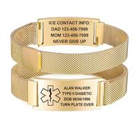 Gamtic Bracelet d'urgence Alerte Médicale Personnalisé - SOS Bracelet de Sécurité Idenfication Maladie Contact Urgent Gravé Acier Inoxydable Manchette Réglable pour Femme Homme (Or)