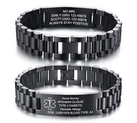 Gamtic Bracelet d'urgence Alerte Médicale Personnalisé - SOS Bracelet de Sécurité Idenfication Maladie Contact Urgent Gravé, Bracelet à Maillons pour Homme en Acier inoxydable 21CM Réglable (Noir)