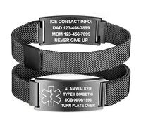 Gamtic Bracelet d'urgence Alerte Médicale Personnalisé - SOS Bracelet de Sécurité Idenfication Maladie Contact Urgent Gravé Acier Inoxydable Manchette Réglable pour Femme Homme (Noir)