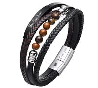 Gamtic Cadeau Homme Bracelet Cuir Personnalisé - Bracelet Gourmette Gravé Nom Texte Message,Viking Éléments Pierre Naturelles Figaro Argent, Cadeaux pour Papa Mari Ami Frere