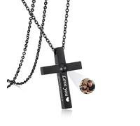 Gamtic Collier Personnalisé Photo Projection - Collier Croix Pendentif Barre Bijoux Personnalisable Avec Image à l'intérieur Cadeau Homme Femme pour Papa Frère Mari Ami Oncle (2.Croix Simple Argent)