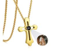 Gamtic Collier Personnalisé Photo Projection - Collier Croix Pendentif Barre Bijoux Personnalisable Avec Image à l'intérieur Cadeau Homme Femme pour Papa Frère Mari Ami Oncle (3.Croix Or)