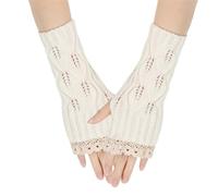 Gan s Hiver Femme En Laine Women's Winter Splicing Lace Lace Knitted Acrylic Yarn Hollow Half Finger Gloves Mitaines Longues Femme (White, One Size)