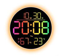 GANCEI Horloge murale RVB avec télécommande, grand écran couleur changeante, date, température et humidité, luminosité réglable, fonctions alarme et minuterie, 25,4 cm, blanc