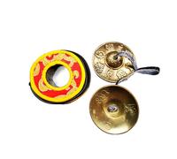Gandhanra Ensemble de clochettes tibétaines Tingsha - Cymbales tibétaines - Fabriqué en laiton, motif Astamangal, 6,5 cm / 2,6 pouces