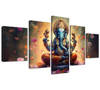 Ganesha - Grande décoration murale indienne en 5 pièces - Impressions sur toile pour salon, salle de méditation - Décoration encadrée (152,4 x 81,3 cm (l x H)