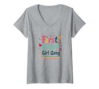 Gang de Filles de première année : Escouade d'aventure Scolaire colorée T-Shirt avec Col en V, Femme, Gris Chiné, M