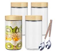 GANILITY Pots pour Overnight Oats, 4 Pieces 750 ml Meal Prep Verre avec Couvercle, Pot Yaourt Avoine en Verre avec 2 Cuillère en Acier Inoxydable, Pour Puddings, Yaourts, Confitures, Salade, Céréales