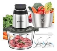 Ganiza - Robot culinaire, hachoir à viande avec bols en verre et acier inoxydable de 8 tasses, moteur en cuivre à 2 vitesses de 450 W et lumière de protection contre la surchauffe, avec