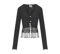 Ganni - Cardigan court en crochet avec ourlet à franges - Femme - Pulls - Noir - Taille: 40 FR