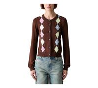Ganni - Cardigan en coton léger à motif argyle - Femme - Pulls - Brun - Taille: 38 FR