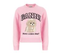 Ganni - Pull en laine mélangée avec graphique de caniche à col rond - Femme - Pulls - Rose - Taille: 42 FR
