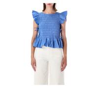 Ganni - Top Marina en Coton Smocké - Femme - Blouses et Chemises - Bleu - Taille: 36 FR