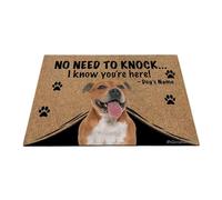 Ganshan Bi Paillasson personnalisé avec chien drôle Staffordshire Bull Terrier Tapis de sol de bienvenue pas besoin de frapper Je sais que vous êtes ici cadeau pour les amoureux des chiens 23,6" x