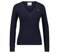 GANT Câble en Coton Stretch col en V Sweater, Bleu Nuit, XL Femme