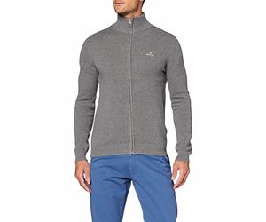 GANT Cotton Pique Zip Cardigan, Dark Grey Melange, XL Homme