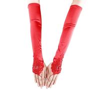 Gant court en dentelle Gants sans doigts en dentelle 43 cm satin for femme, accessoire de soirée, cosplay, dîner, danse(Red)