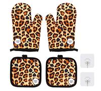 Gant Cuisine à Pizza en Coton Double Épaisseur Gants de Cuisson à Micro-Ondes à Imprimé Léopard avec Crochets (2 Gants + 2 Tampons Isolants)