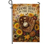 Gant de baseball avec citation de récolte d'automne et drapeau de jardin | Motifs de tournesol, drapeau de cour, chrysanthèmes, feuilles d'automne, accents de gland, thème sportif