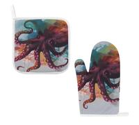 Gant de cuisine et maniques en forme de pieuvre colorée abstraite pour cuisine, gants de cuisine personnalisés avec boucle de suspension, coussinets chauds antidérapants pour restaurant, pâtisserie