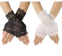 Gant Dentelle, Lace Fingerless Gloves, Gant Halloween, Gants Dentelle Noire, Accessoire Sorciere Femme, Convient Pour Les Thés, Les Mariages, L'opéra, Halloween, Les Concerts, 2 Paires (Blanc/Noir)