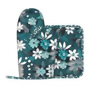 Gant en polyester sergé à motif floral bleu sarcelle et blanc isolant thermique, antidérapant et résistant aux brûlures, avec corde de suspension pour un rangement facile