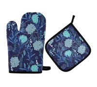Gant Et Manique 2 Pièces Fleurs Bleues Feuilles Bleues Gants De Four Et Maniques Coton Doublure Gant De Cuisine, pour Micro-Ondes, Griller, Cuisiner
