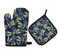 Gant Et Manique 2 Pièces Libellule Verte Et Bleue Libellule sur Bleu 1 Cuisson Gant À Four + 1 Manique Résistant À La Chaleur Gants De Four Et Maniques, pour Cuisson, Micro-Ondes, Cuisiner