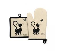 Winkler - Lot gant/manique Dubout Chat Papillon - 100% coton - Protection de cuisine, barbecue, pâtisserie - Dessous de plat en tissu - Illustration dessin français