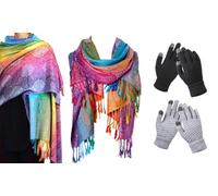 Gants à fonction tactile ou écharpe à franges avec motif cachemire : Echarpe - paire de gants noirs / x 2