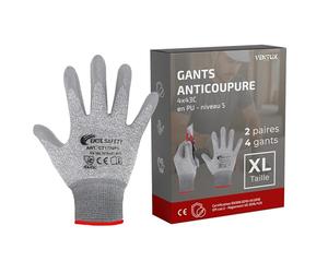 Gants Anti-Coupure 2 Paires Taille XL - HPPE 4X43C Enduction PU | EPI de catégorie II - Paume polyuréthane antidérapante - Compatibles écrans tactiles - Lavables en machine