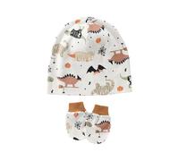 Gants anti-rayures avec chapeau pour nouveau-nés Turban Casquettes douces et respirantes pour bébé Chapeau fœtal sans bord Moufles coupe-vent pour hôpital, Dinosaure citrouille, Taille unique