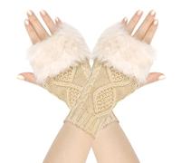 Gants courts avec nœud - Automne et hiver - Pour femme - En laine tricotée - Chaud - Pour entraînement, ski, course à pied, sport, fête, vie quotidienne - Beige - Taille unique