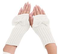 Gants courts avec nœud - Automne et hiver - Pour femme - En laine tricotée - Mitaines chaudes - Blanc - Taille unique