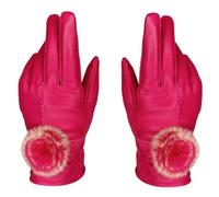 Gants Cuir Femme Fins Et Élégant Manteau D'Hiver Chaud Pour Femme, Doublé De Fausse Peau De Mouton Et Orné De Gros Pompons - Rose Rouge