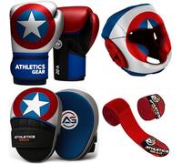 Gants de Boxe pour Enfants, Patins, Casque et Bandes de Mains (Set de 4 Pièces) - Design Adapté aux Enfants, Cuir Synthétique, Légers pour Sparring, Muay Thai, Kickboxing, Arts Martiaux, MMA et Karaté