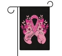 Gants de boxe roses, ruban de sensibilisation au cancer du sein, drapeaux de jardin floraux, drapeau double face, drapeaux de vacances pour décoration extérieure 12,6 x 18,5 pouces
