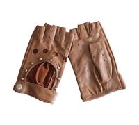 Gants de conduite en peau de mouton pour femme, style fin, non doublé, style rivet, en cuir véritable, Marron et gris., 7