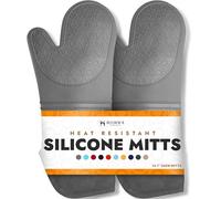 Gants de cuisine en silicone souple sans BPA - Gants de cuisine ultra résistants à la chaleur avec doublure en coton épais - Maniques antidérapantes extra longues, gants de cuisine flexibles - Gris