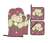 Gants de cuisine et maniques avec imprimé rose d'amour blanche - Gants de protection résistants et maniques pour cuisine, pâtisserie et barbecue