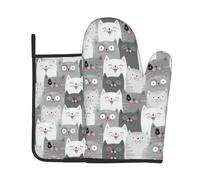Gants de cuisine isolants mignons et amusants avec motif de chats gris pour griller, cuire à la vapeur et cuisiner - 20,5 x 20,5 cm avec rangement suspendu